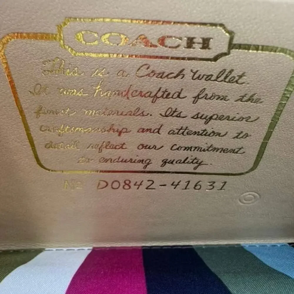 Coach Signature Stripe Checkbook Wallet Beige Brown Canvas Snap Closure